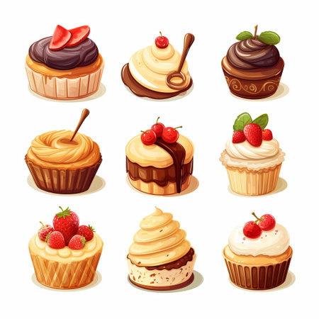 A delightful assortment of nine cupcakes, uniquely decorated with fresh fruits, chocolate, and creamy toppings. Perfect for food illustrations and bakery promotions.の素材