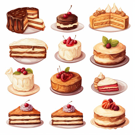 A beautiful array of illustrated cakes adorned with fresh fruits, creams, and chocolate drizzles. Ideal for party invitations, menus, and bakery advertisements, capturing the essence of joy.の素材