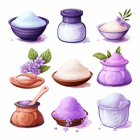 A vibrant assortment of flavored salts in decorative bowls and jars. Ideal for culinary enthusiasts and wellness advocates. Use for blogs, recipes, or product mockups.の素材