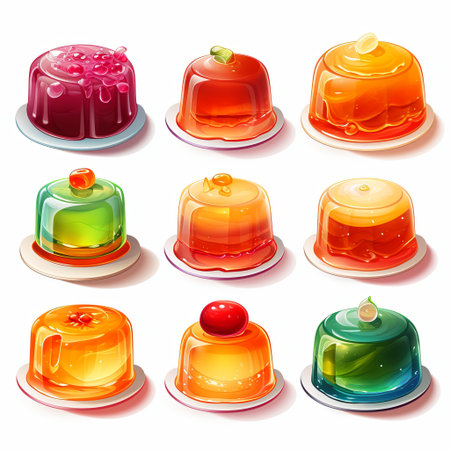 A vibrant collection of nine colorful jelly desserts on individual plates. Ideal for food projects, menus, and creative designs, isolated on a white background for easy use.の素材