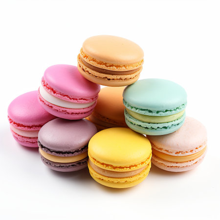 A vibrant stack of assorted macarons on a white background. Ideal for bakery promotions, sweet treats, and festive occasions. Perfect for showcasing colorful desserts and confections.の素材