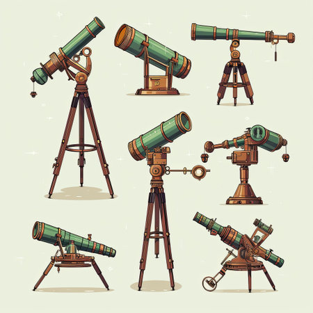 A set of vintage telescopes, ideal for astronomy lovers and educational projects. These detailed illustrations add a classic touch to designs and are perfect for science materials.の素材