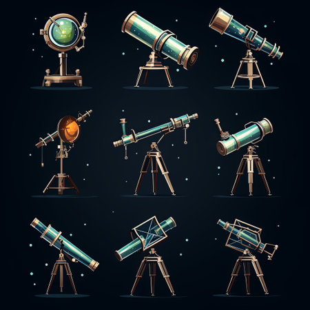 A diverse collection of vintage-style telescopes, perfect for astronomy enthusiasts, educational purposes, science projects, historical illustrations, and adding a touch of retro charm to any design.の素材