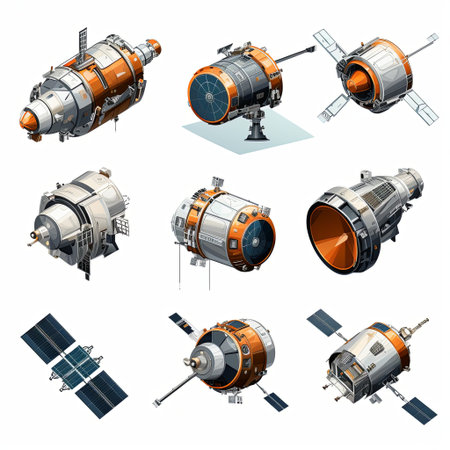 A collection of spacecraft models in isometric perspective, suitable for game development, sci-fi illustrations, and educational resources on space exploration. Ready for project integration.の素材