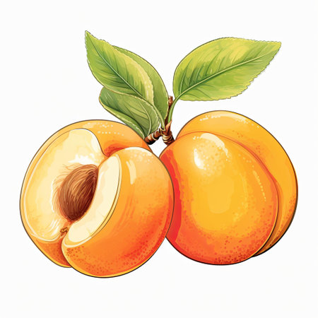 Fresh apricots hanging on a branch with green leaves, set against a white background. Perfect for showcasing seasonal fruits, healthy eating, or agricultural concepts.の素材