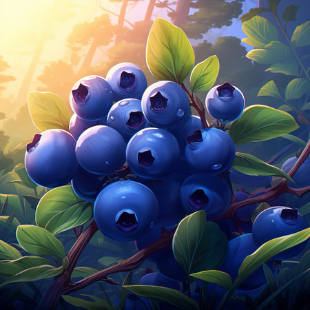 This vibrant illustration features blueberries on a bush, showcasing their freshness and color. Ideal for projects about healthy eating, nature, and botanical themes in design and marketing.の素材