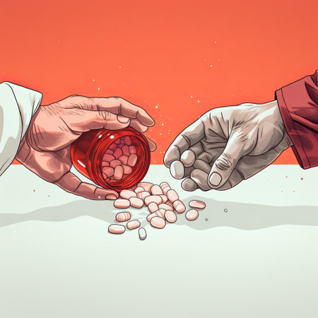 An illustration shows two hands exchanging pills from a red bottle, symbolizing healthcare, medication, and the pharmaceutical industry. Ideal for medical, health, and wellness content.の素材