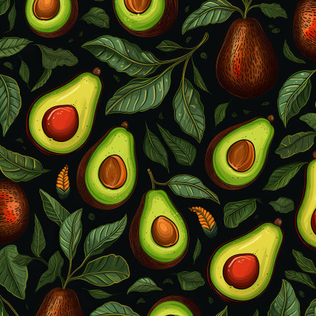 A stylish pattern featuring avocados with leaves and halved fruits on a dark background. Perfect for kitchen decor, fabric prints, and healthy food promotions.の素材