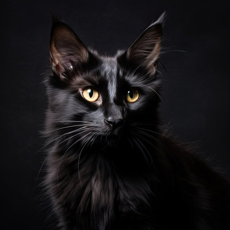A stunning portrait of a black cat with captivating golden eyes, positioned against a dark backdrop. The cat s elegant features and expressive gaze create an enchanting image.の素材