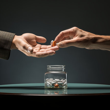Two mature hands exchanging a bottle of pills, symbolizing support and treatment. This image highlights healthcare, medication adherence, and the importance of pharmaceutical assistance.の素材