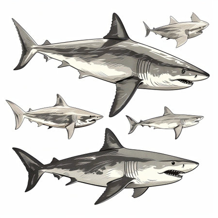 illustration showcasing great white sharks in dynamic poses. Suitable for educational resources, marine conservation projects, and creative designs. A striking visual for various applications.の素材