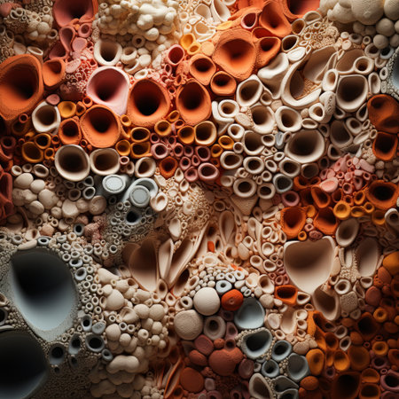 Colorful coral reef texture showcasing vivid oranges, creams, and whites. Ideal for backgrounds, marine life promotion, and creative projects needing visual depth and interest.の素材