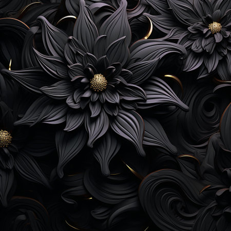 A captivating close-up of black floral sculptures with delicate gold accents. Ideal for backgrounds, art prints, or adding a touch of sophistication to any creative project with floral design.の素材