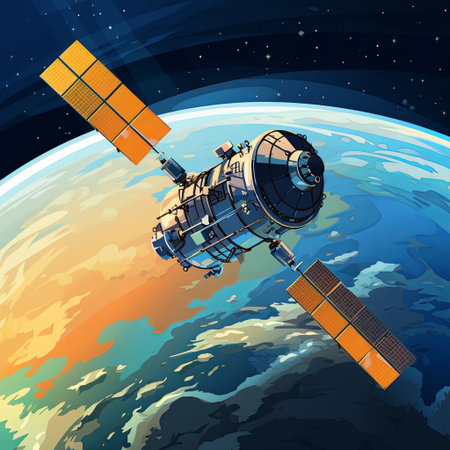 A state-of-the-art satellite orbits the Earth, demonstrating advanced technology for communication and observation. This represents the forefront of space exploration and innovation.の素材