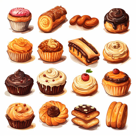 A beautiful array of illustrated cakes adorned with fresh fruits, creams, and chocolate drizzles. Ideal for party invitations, menus, and bakery advertisements, capturing the essence of joy.の素材