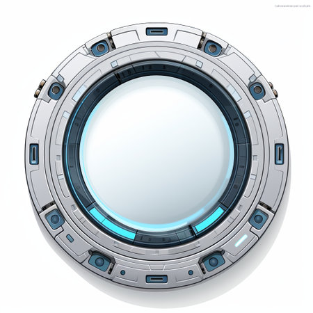 Futuristic porthole window illustration, ideal for sci-fi projects and space travel themes. Isolated on a white background, suitable for design integration and educational materials.の素材