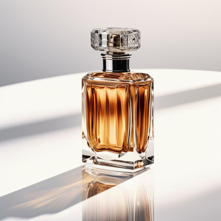 This elegant amber glass perfume bottle with a silver cap is beautifully isolated on a clean white background. Its luxurious design captures light, enhancing its exquisite look.の素材