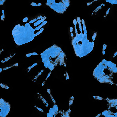 A striking pattern of handprints on a black background, creating a bold and dramatic visual effect.の写真素材