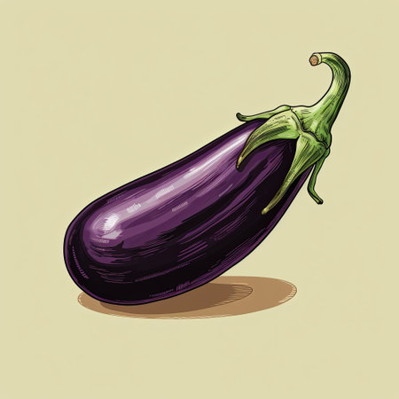 A vintage-style illustration of an eggplant on a beige background. Perfect for cookbooks, menus, or food blogs, adding a charming retro touch to culinary-themed designs.の素材