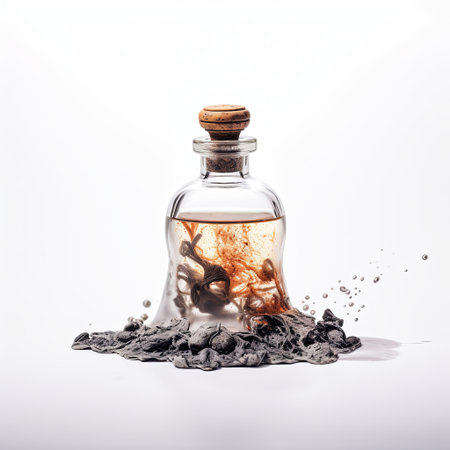 Small glass bottle with a cork and mysterious liquid inside standing on black surface with water splash. Mysterious potion, magic elixir, or chemical experiment concept.の素材