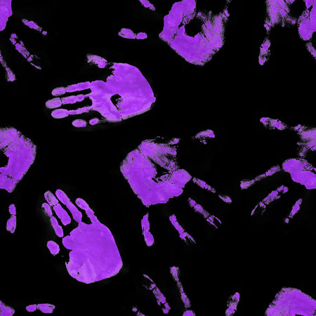 A striking pattern of handprints on a black background, creating a bold and dramatic visual effect.