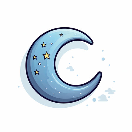 This isolated crescent moon illustration features a starlit sky, perfect for evoking a dreamy atmosphere in designs related to night themes, bedtime stories, and creativity.の素材