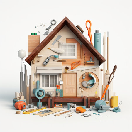 A creative illustration of home improvement and DIY renovation, showcasing a variety of tools arranged to represent a house. Ideal for themes of construction and maintenance.の素材
