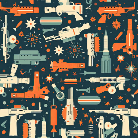 A vibrant illustration featuring a seamless pattern of retro futuristic weaponry elements. Perfect for sci-fi themed backgrounds, wallpaper, and design projects for gamers and creatives.の素材