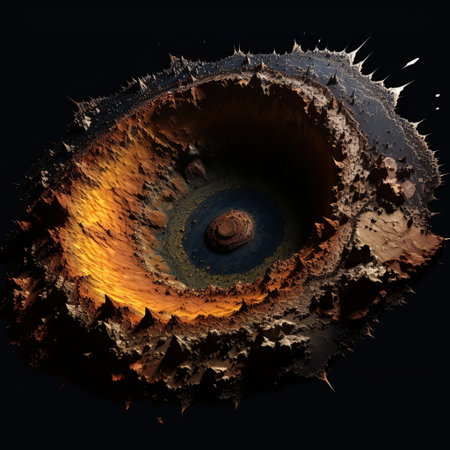 An abstract fractal image depicting a crater on an alien planet. The vivid colors and intricate textures capture the essence of otherworldly landscapes, perfect for imaginative projects.の素材