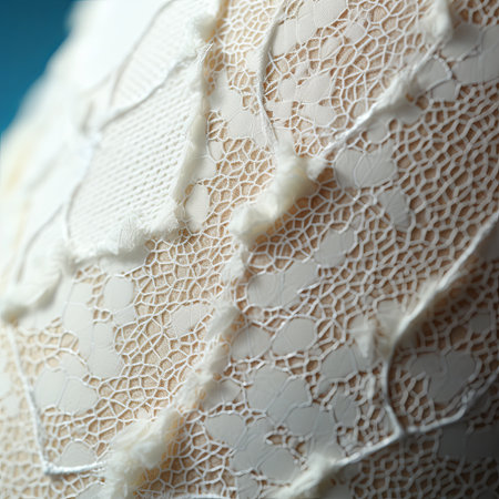 A beautiful close-up of ivory lace, showing its intricate patterns and delicate texture. Perfect for wedding themes, bridal designs, or elegant projects needing a sophisticated touch.の素材