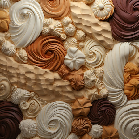 A delightful mix of textures and forms, this image showcases an abstract landscape with swirls, stars, and confectionery shapes, perfect for culinary-themed projects and creative designs.の素材