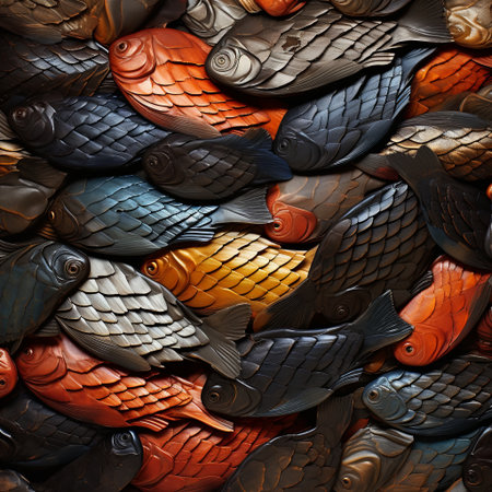 A stunning 3D installation featuring intricately carved wooden fish, creating a vibrant mosaic that serves as unique wall decor, ideal for enhancing any living space.の素材