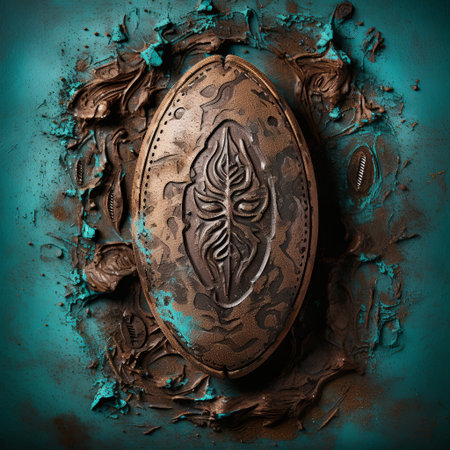 This image features an ancient shield showing intricate designs and a textured surface. Its weathered appearance makes it ideal for backgrounds and historical or fantasy themed projects.の素材