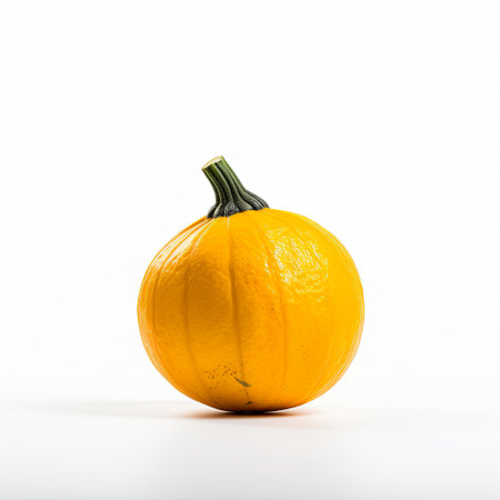 A vibrant yellow pumpkin with a green stem against a white background. Perfect for autumn themes, harvest festivals, and healthy eating concepts. Great for designs and creative projects.の素材