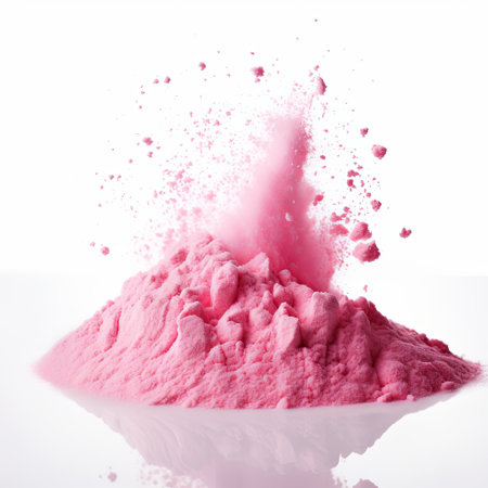 A vibrant explosion of pink powder creates a visually striking image. Ideal for backgrounds and creative projects, symbolizing energy and excitement against a clean white backdrop.の素材