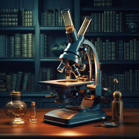 A vintage microscope on a wooden desk, warmly illuminated, with a full bookshelf in the background. Ideal for themes of scientific research and education in textbooks and presentations.の素材