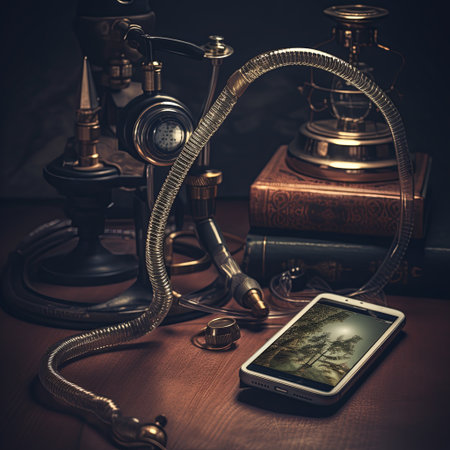 A blend of vintage and modern, featuring an antique device next to a smartphone on a wooden table with old books. Evokes curiosity and nostalgia, ideal for tech concepts and creative projects.の素材