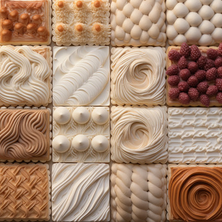 A collection of beautifully designed cookie tiles showing various textures and patterns. Perfect for backgrounds and creative projects in culinary arts and visual media.の素材