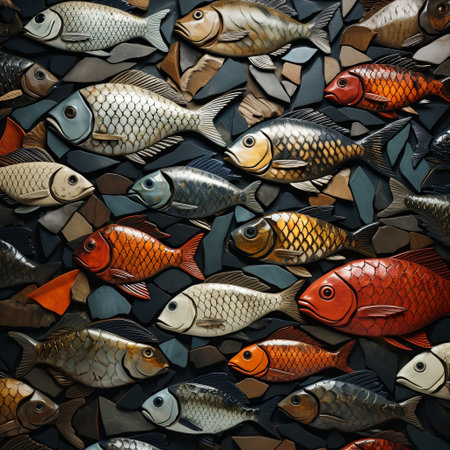 A beautifully designed wall mosaic showing diverse fish patterns in vibrant colors and textures, combined with decorative stone elements. Perfect for artistic backgrounds and creative projects.の素材