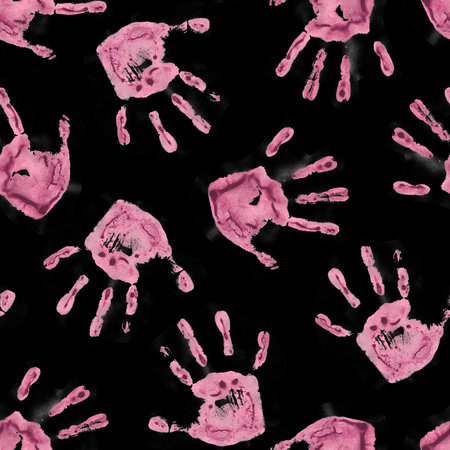 A striking pattern of handprints on a black background, creating a bold and dramatic visual effect.の写真素材