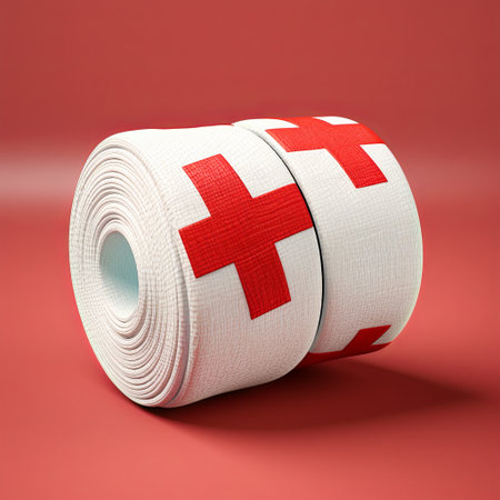 This stock image features two rolls of medical gauze with red crosses on a solid red background. Ideal for representing first aid supplies, healthcare, and emergency services in various media.の素材
