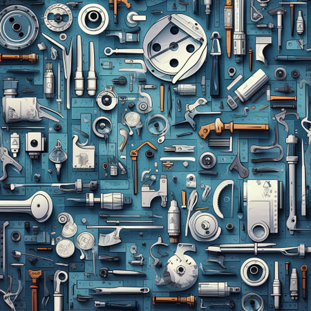 A meticulously arranged collection of tools and machine parts, showcasing a variety of vintage mechanical components. This image is perfect for illustrating engineering, repair, or industrial themes.の素材