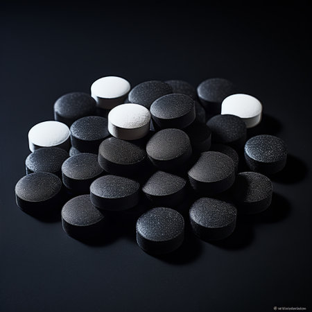 A pile of activated charcoal tablets in black and white on a dark background. Suitable for topics like detoxification, digestive health, and natural remedies in health publications.の素材