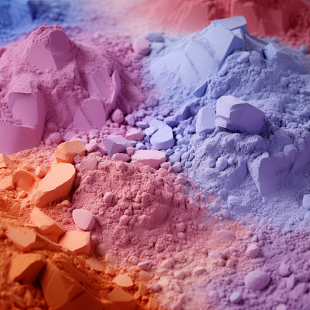 A close-up of vibrant piles of colorful powder, ideal for representing the Holi festival or artistic textures. The blend of hues forms a visually appealing abstract background.の素材