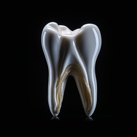 Anatomical model of a tooth, isolated on a black background. Perfect for dental education and healthcare presentations, showcasing tooth structure and root canals for better understanding.の素材
