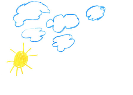 A charming, hand-drawn illustration of a bright yellow sun and fluffy blue clouds on a white background. Ideal for children's books and cheerful designs, conveying joy and warmth.の写真素材