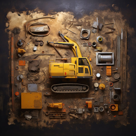 Overhead view of a yellow excavator with mechanical parts and tools on a textured surface. Great for showcasing construction, repair services, and industrial themes.の素材