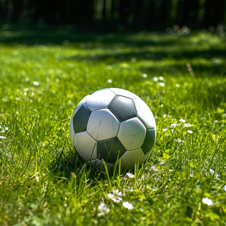 A classic black and white soccer ball rests in lush green grass under warm sunlight. This scene captures the essence of outdoor play, sportsmanship, and the joys of recreation.の素材