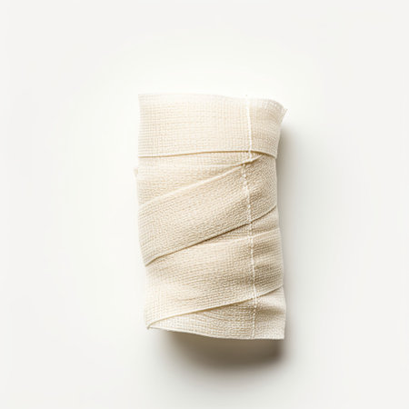 A rolled elastic bandage, used for support and securing dressings, isolated on a white background. Essential for first aid and medical applications, ideal for healthcare concepts.の素材
