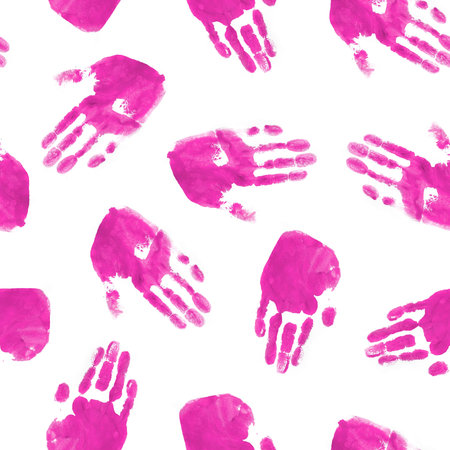 A striking pattern of handprints on a white background, creating a bold and dramatic visual effect.の写真素材